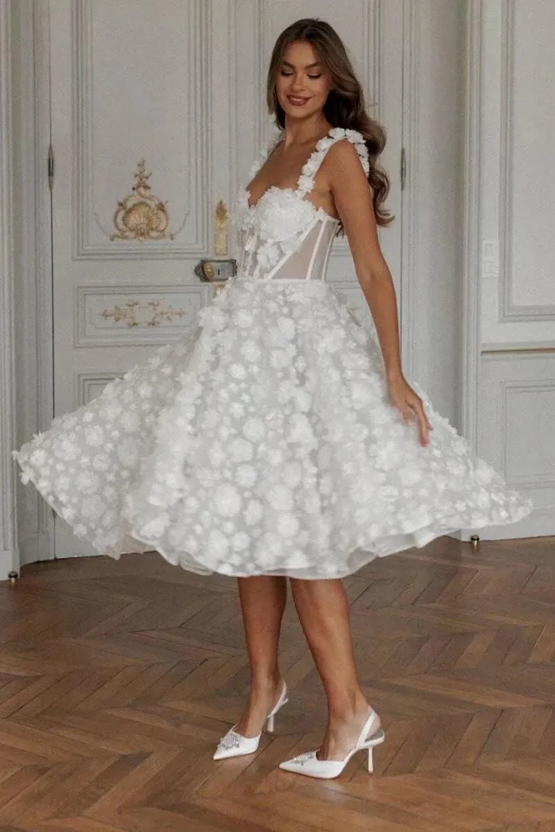 Eightale Tea Length Wedding Dress for Bride Midi Long Ruched Backless Boho Beach Bridal Shower Gowns for Women