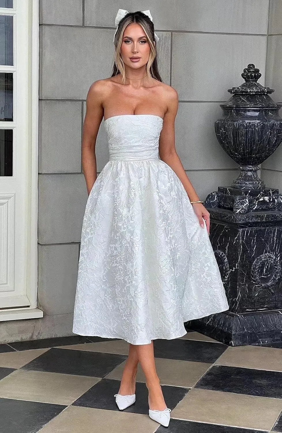 Eightale Tea Length Wedding Dress for Bride Midi Long Ruched Backless Boho Beach Bridal Shower Gowns for Women