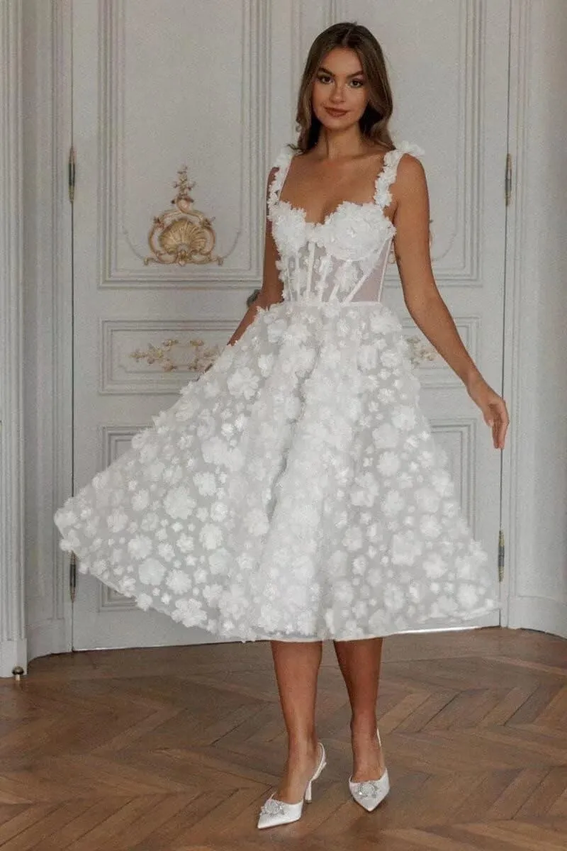 Eightale Tea Length Wedding Dress for Bride Midi Long Ruched Backless Boho Beach Bridal Shower Gowns for Women