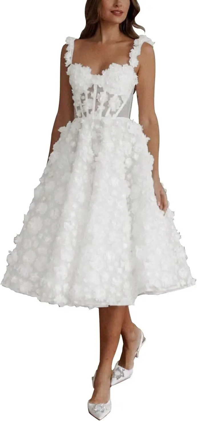 Eightale Tea Length Wedding Dress for Bride Midi Long Ruched Backless Boho Beach Bridal Shower Gowns for Women
