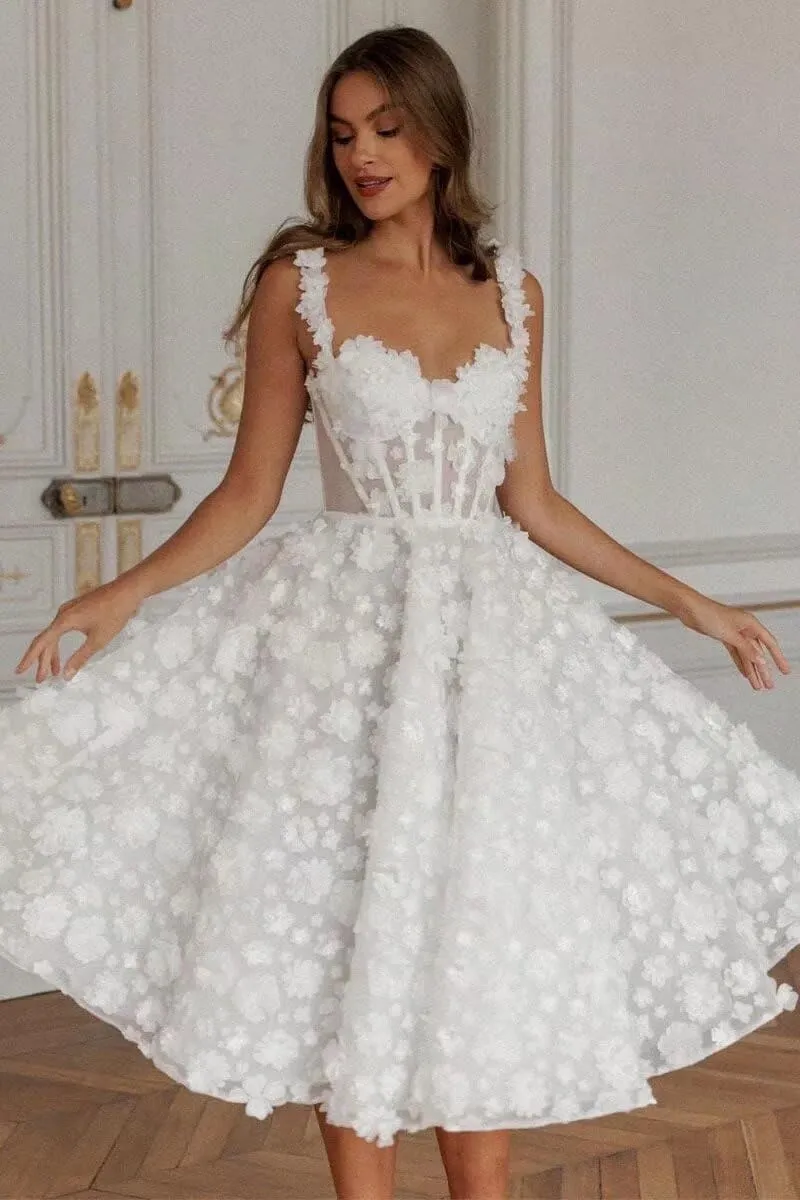Eightale Tea Length Wedding Dress for Bride Midi Long Ruched Backless Boho Beach Bridal Shower Gowns for Women