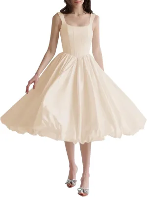 Eightale Tea Length Wedding Dress for Bride Midi Long Ruched Backless Boho Beach Bridal Shower Gowns for Women