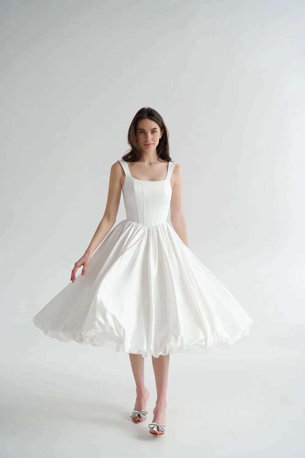 Eightale Tea Length Wedding Dress for Bride Midi Long Ruched Backless Boho Beach Bridal Shower Gowns for Women