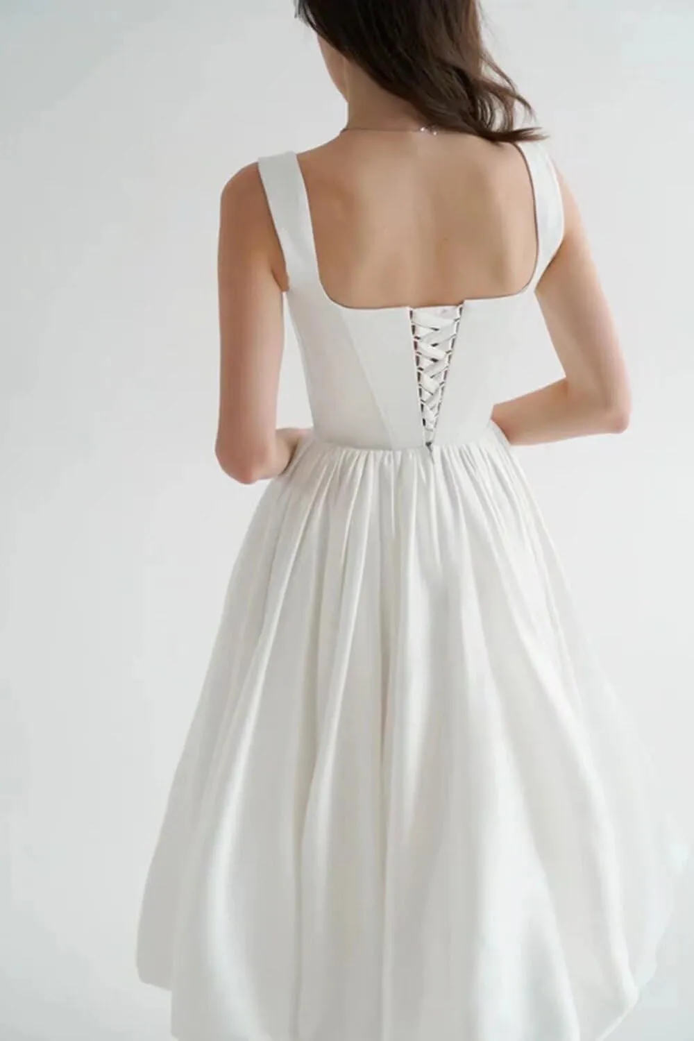 Eightale Tea Length Wedding Dress for Bride Midi Long Ruched Backless Boho Beach Bridal Shower Gowns for Women