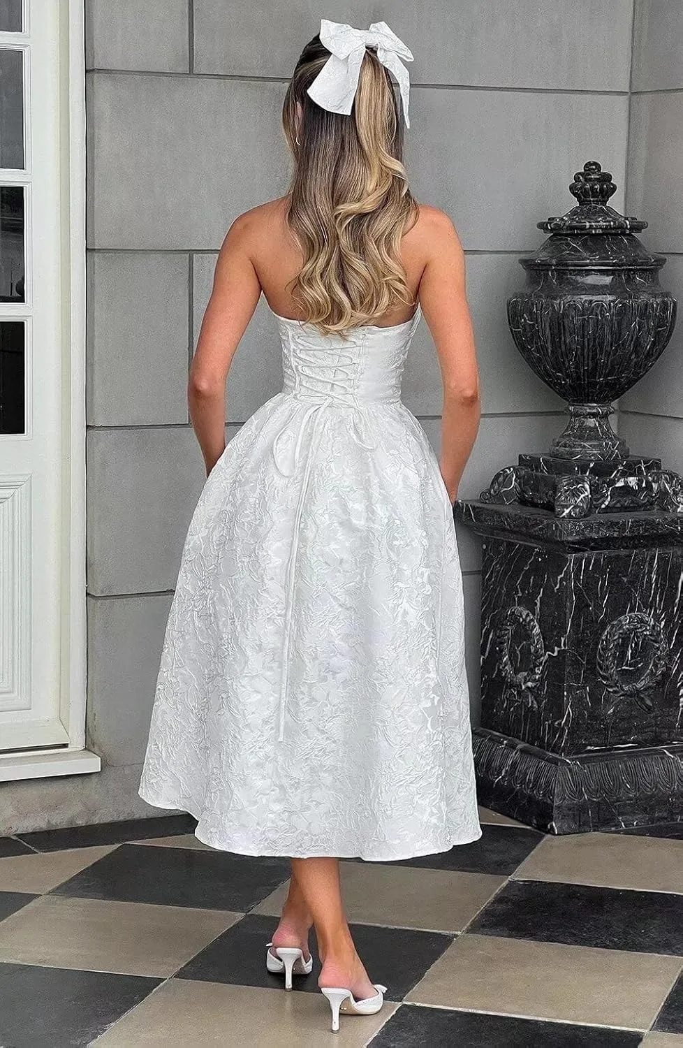 Eightale Tea Length Wedding Dress for Bride Midi Long Ruched Backless Boho Beach Bridal Shower Gowns for Women