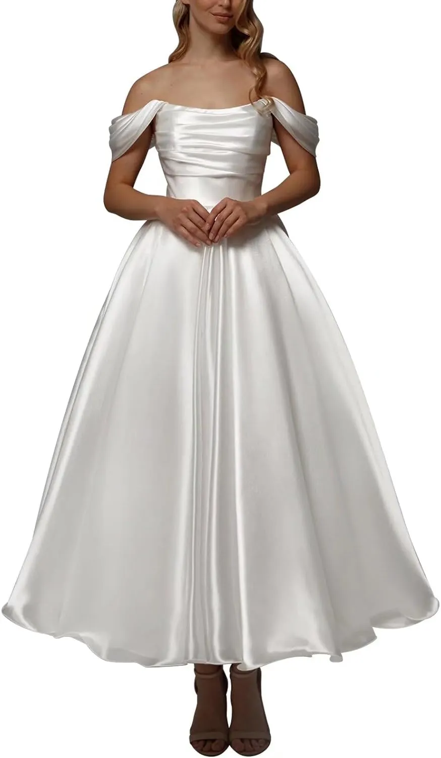Eightale Tea Length Wedding Dress for Bride Midi Long Ruched Backless Boho Beach Bridal Shower Gowns for Women