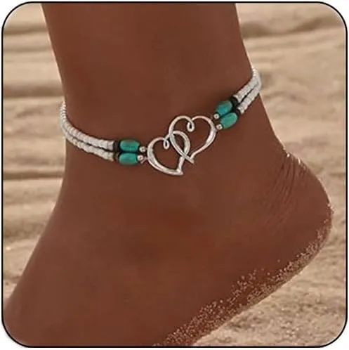 Elastic Beaded Ankle Bracelet Double Heart Stretch Anklet Layered Beaded Anklet Boho Beach Anklets Beach Jewelry Gift