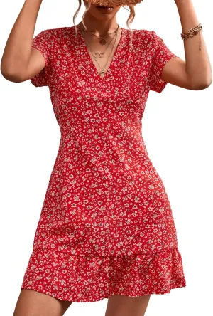 Estink Women Summer Dress Dresses V Neck Casual Sleeveless Dress Boho Beach Dress Ruffles Short Sleeve Mini Dress Tunic Floral Dress Wrap Dress(L-Red Flowers)