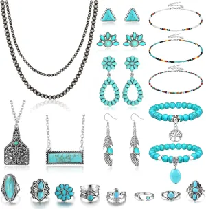 Fansilver Turquoise Jewelry for Women Bohemian Western Jewelry Set Navajo Pearl Necklace Beaded Choker Necklace Turquoise Earrings Bracelet Vintage Knuckle Rings Boho Western Jewelry for Women