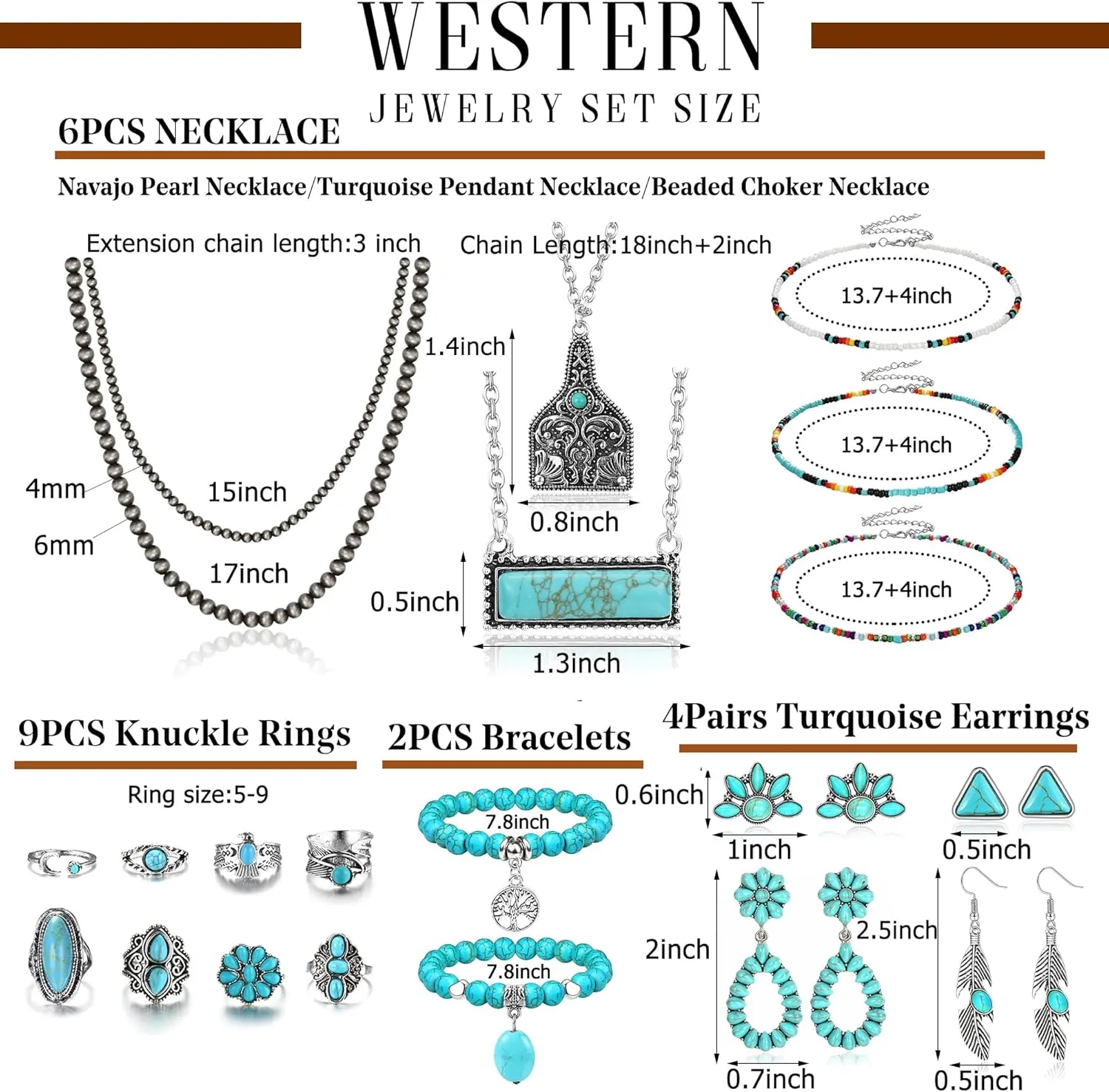Fansilver Turquoise Jewelry for Women Bohemian Western Jewelry Set Navajo Pearl Necklace Beaded Choker Necklace Turquoise Earrings Bracelet Vintage Knuckle Rings Boho Western Jewelry for Women