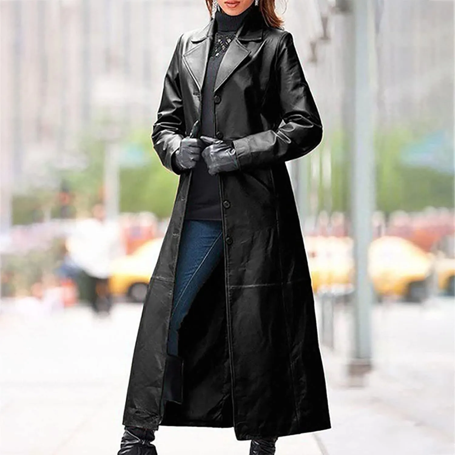 Faux Leather Trench Coats for Women Single Breasted Long Sleeve Ankle Length Jacket Notched Lapel Motorcycle Outwear