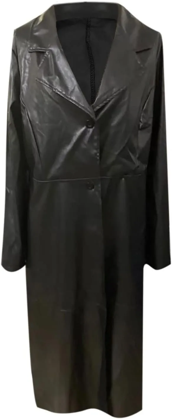 Faux Leather Trench Coats for Women Single Breasted Long Sleeve Ankle Length Jacket Notched Lapel Motorcycle Outwear