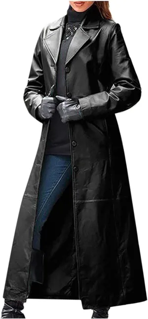 Faux Leather Trench Coats for Women Single Breasted Long Sleeve Ankle Length Jacket Notched Lapel Motorcycle Outwear