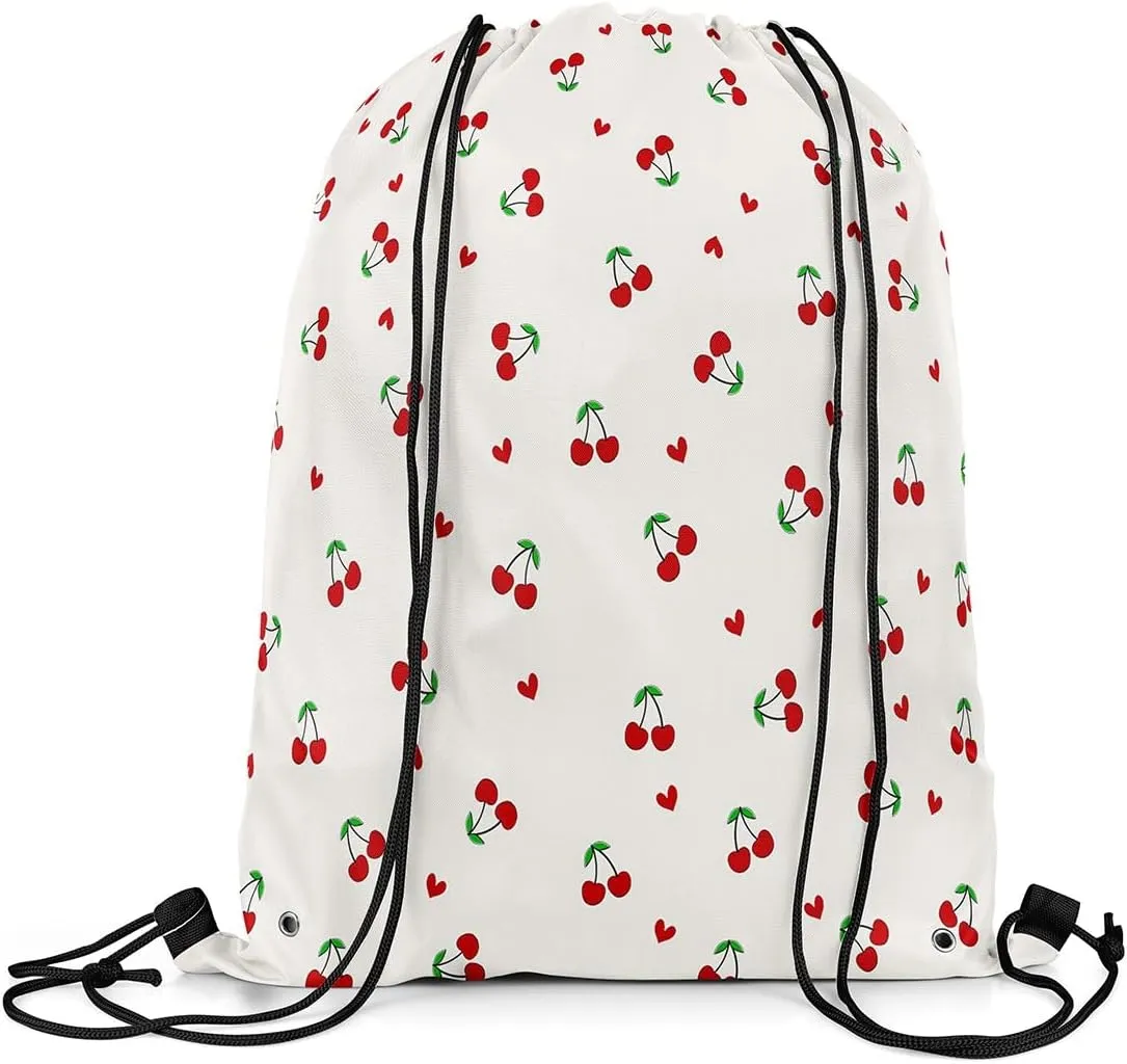 Feelyou Red Cherry Sports Drawstring Sackpack 13"x15.7" Cherry Pattern Drawstring Backpack Cute Fruit Drawstring Bags Kawaii Cartoon Fruit Waterproof Cinch Bag Soft