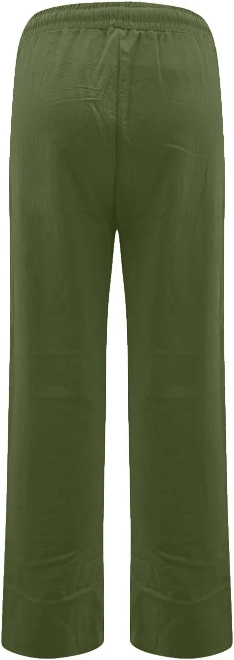 FlekmanArt Linen Pants Women Summer Drawstring Waist Wide Leg Pants Loose Cotton Linen Palazzo Pants Casual Beach Long Pants