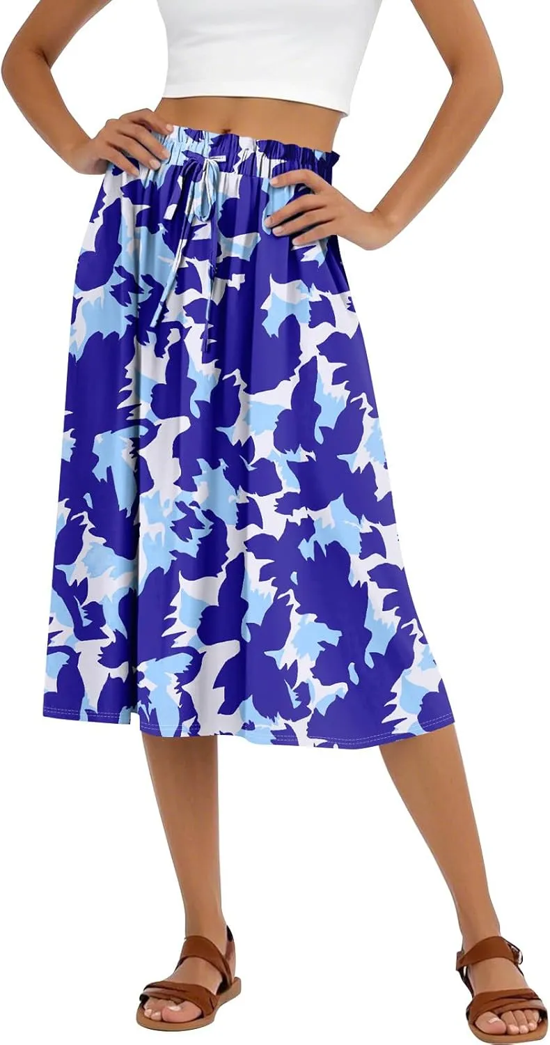 Floral Midi Skirts for Women Summer Drawstring Elastic Waist Knee Length Skirt A Line Ruffle Cute Travel Skirts