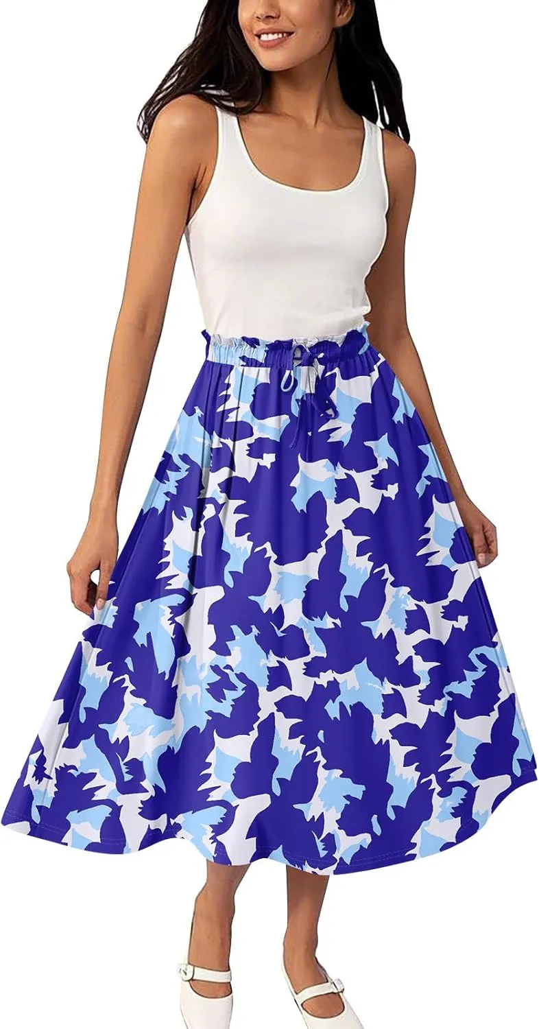 Floral Midi Skirts for Women Summer Drawstring Elastic Waist Knee Length Skirt A Line Ruffle Cute Travel Skirts
