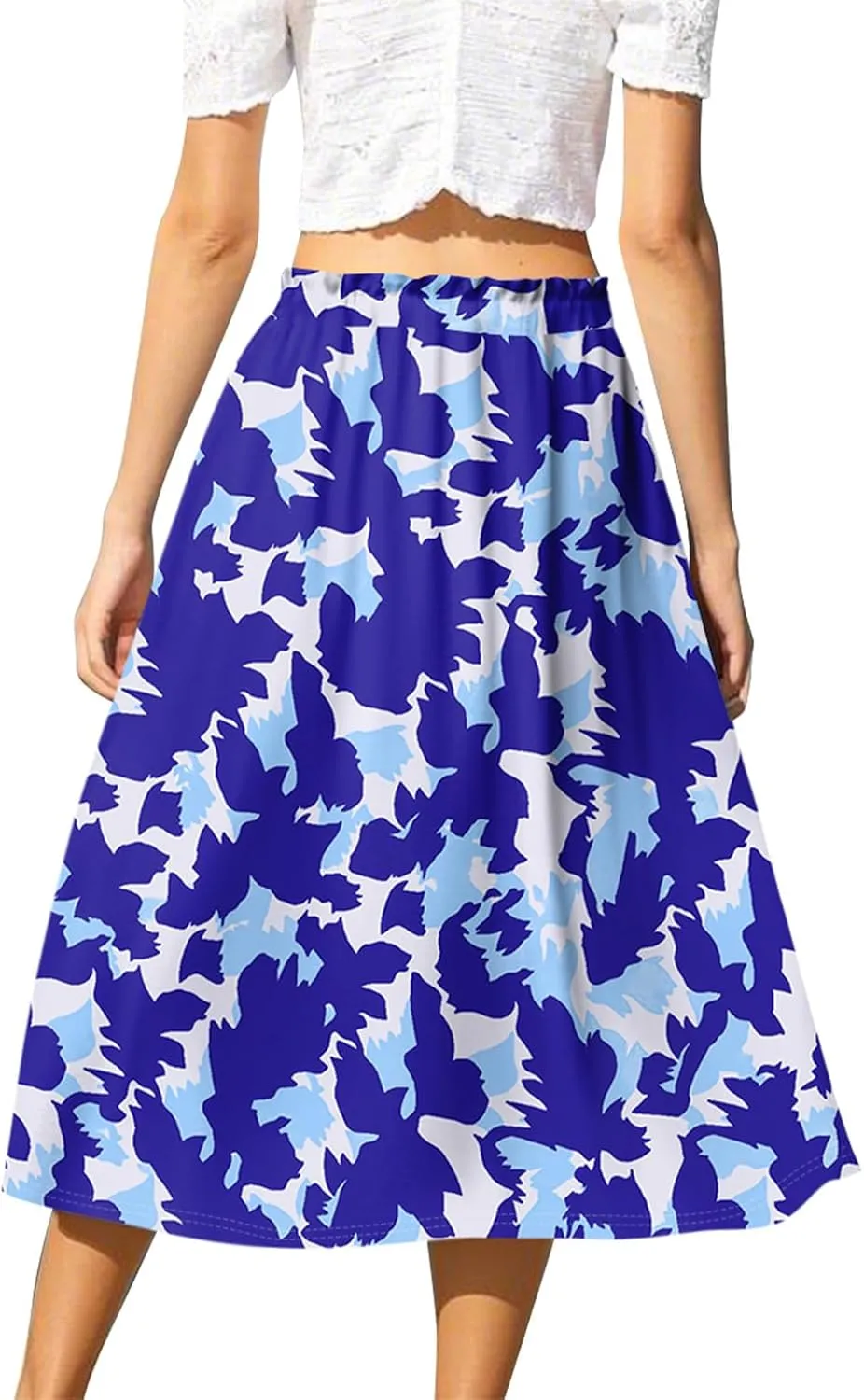 Floral Midi Skirts for Women Summer Drawstring Elastic Waist Knee Length Skirt A Line Ruffle Cute Travel Skirts