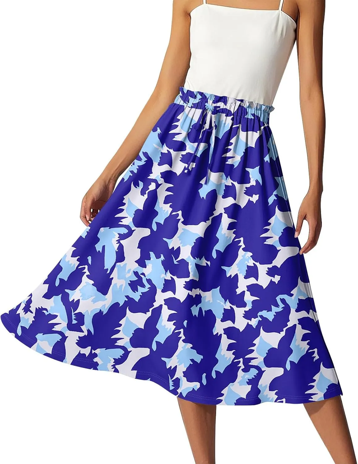 Floral Midi Skirts for Women Summer Drawstring Elastic Waist Knee Length Skirt A Line Ruffle Cute Travel Skirts