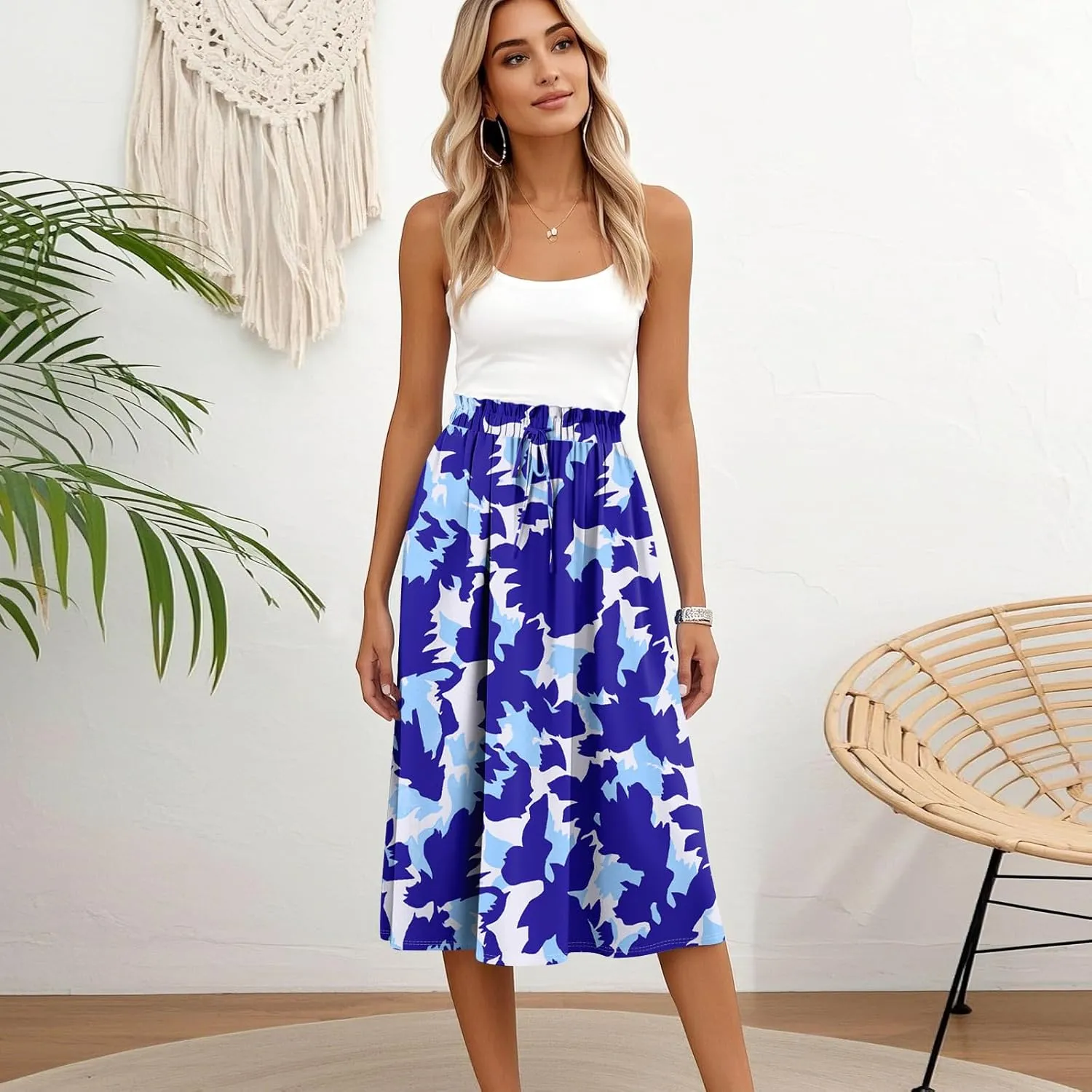 Floral Midi Skirts for Women Summer Drawstring Elastic Waist Knee Length Skirt A Line Ruffle Cute Travel Skirts
