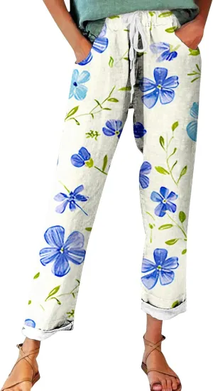 Flowy Linen Pants Summer Wide Leg Pants Drawstring Elastic Waist Pants High Waisted Pants Casual Beach Trousers Boho
