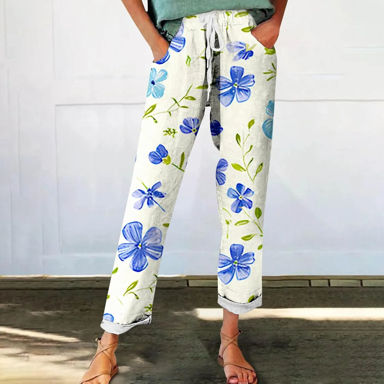 Flowy Linen Pants Summer Wide Leg Pants Drawstring Elastic Waist Pants High Waisted Pants Casual Beach Trousers Boho