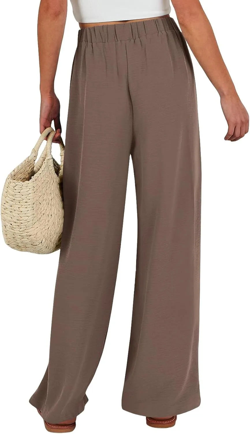 Flowy Linen Pants Women Wide Leg Tie Knot Palazzo Pants Loose Beach Pants High Waisted Trousers with Pockets