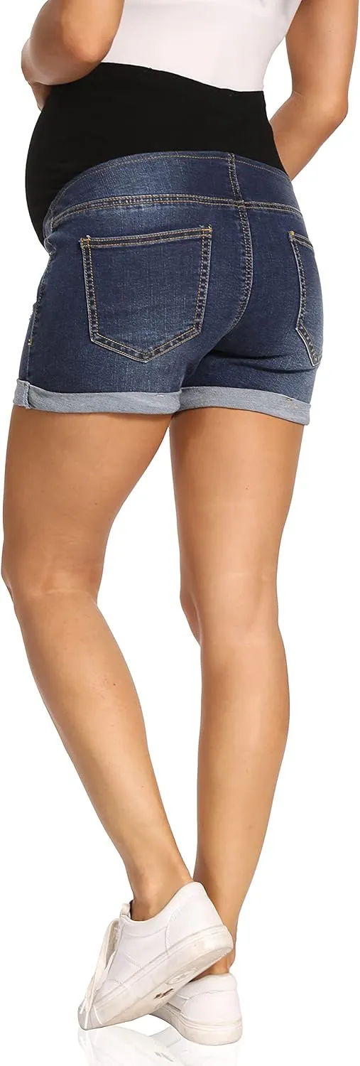Foucome Maternity Denim Shorts Over Bump Ripped Distressed Folded Hem Blue Jean Shorts Comfy Summer Pregnancy Shorts