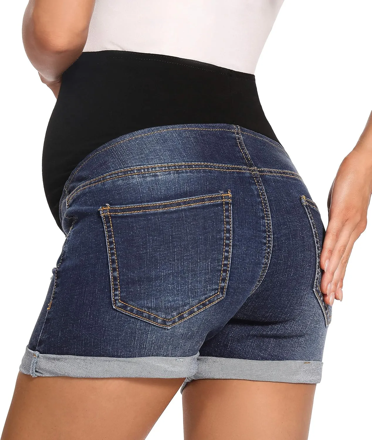 Foucome Maternity Denim Shorts Over Bump Ripped Distressed Folded Hem Blue Jean Shorts Comfy Summer Pregnancy Shorts