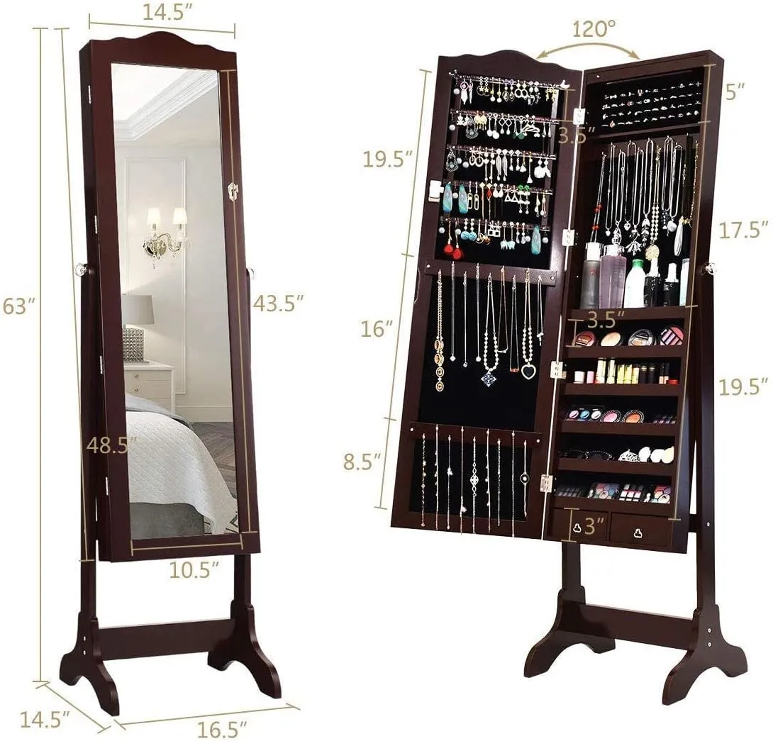 Giantex Jewelry Armoire Organizer with Full Length Mirror, 14 LEDs Floor Standing Jewelry Cabinet with 2 Drawers, 4 Adjustable Angles, Lockable Jewelry Storage Box Cabinet (Brown)