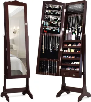 Giantex Jewelry Armoire Organizer with Full Length Mirror, 14 LEDs Floor Standing Jewelry Cabinet with 2 Drawers, 4 Adjustable Angles, Lockable Jewelry Storage Box Cabinet (Brown)