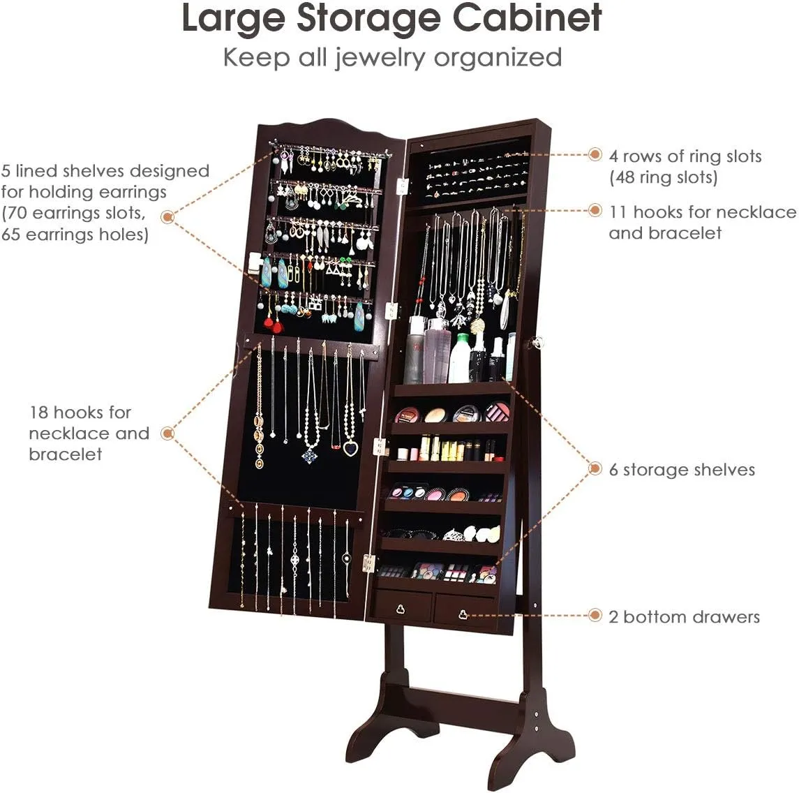 Giantex Jewelry Armoire Organizer with Full Length Mirror, 14 LEDs Floor Standing Jewelry Cabinet with 2 Drawers, 4 Adjustable Angles, Lockable Jewelry Storage Box Cabinet (Brown)