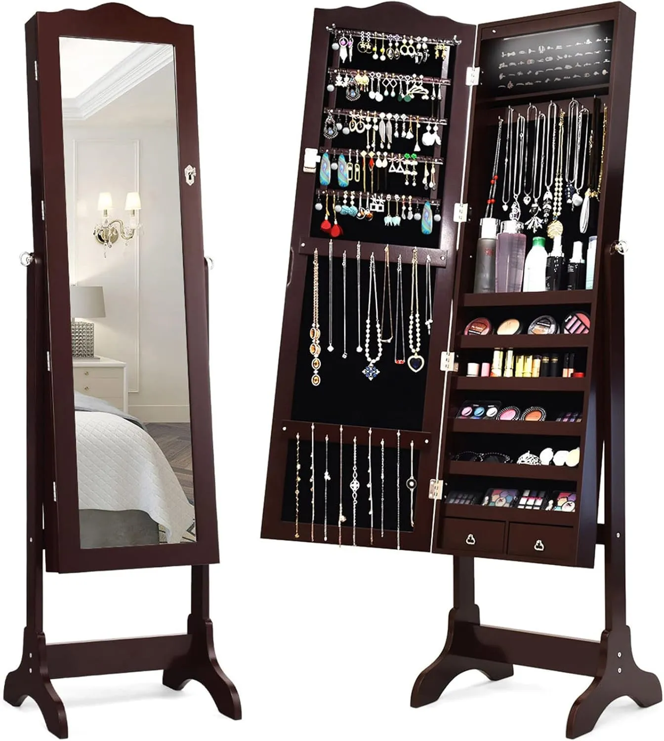 Giantex Jewelry Armoire Organizer with Full Length Mirror, 14 LEDs Floor Standing Jewelry Cabinet with 2 Drawers, 4 Adjustable Angles, Lockable Jewelry Storage Box Cabinet (Brown)