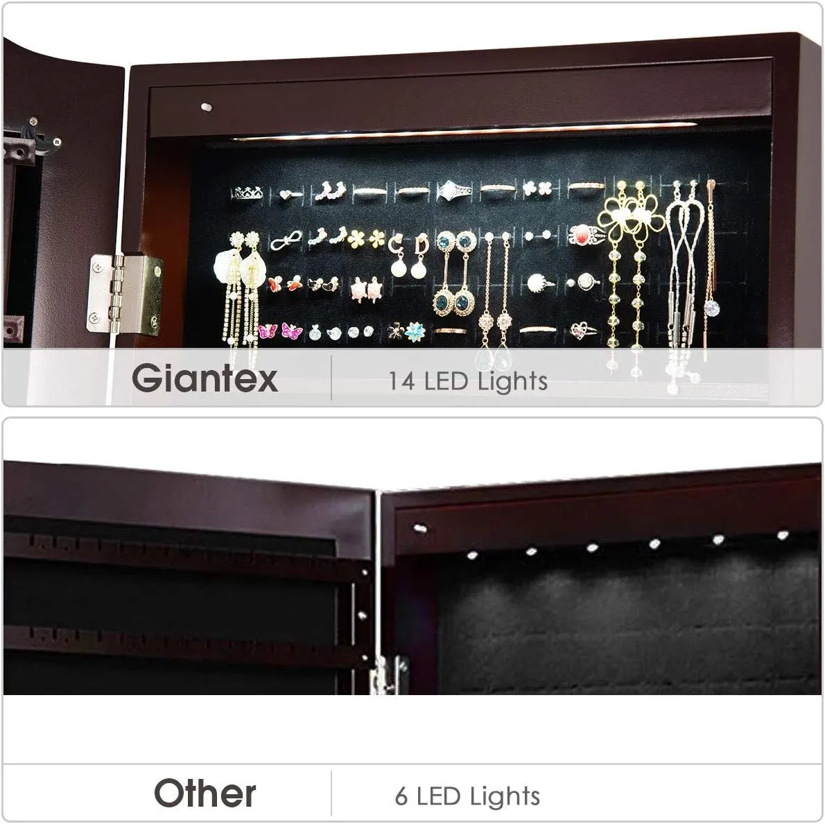 Giantex Jewelry Armoire Organizer with Full Length Mirror, 14 LEDs Floor Standing Jewelry Cabinet with 2 Drawers, 4 Adjustable Angles, Lockable Jewelry Storage Box Cabinet (Brown)