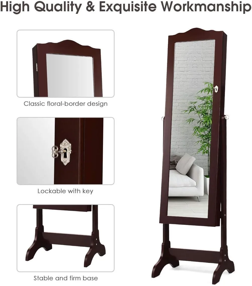 Giantex Jewelry Armoire Organizer with Full Length Mirror, 14 LEDs Floor Standing Jewelry Cabinet with 2 Drawers, 4 Adjustable Angles, Lockable Jewelry Storage Box Cabinet (Brown)