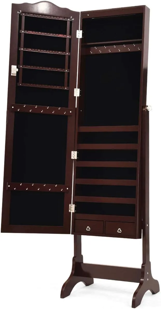 Giantex Jewelry Armoire Organizer with Full Length Mirror, 14 LEDs Floor Standing Jewelry Cabinet with 2 Drawers, 4 Adjustable Angles, Lockable Jewelry Storage Box Cabinet (Brown)