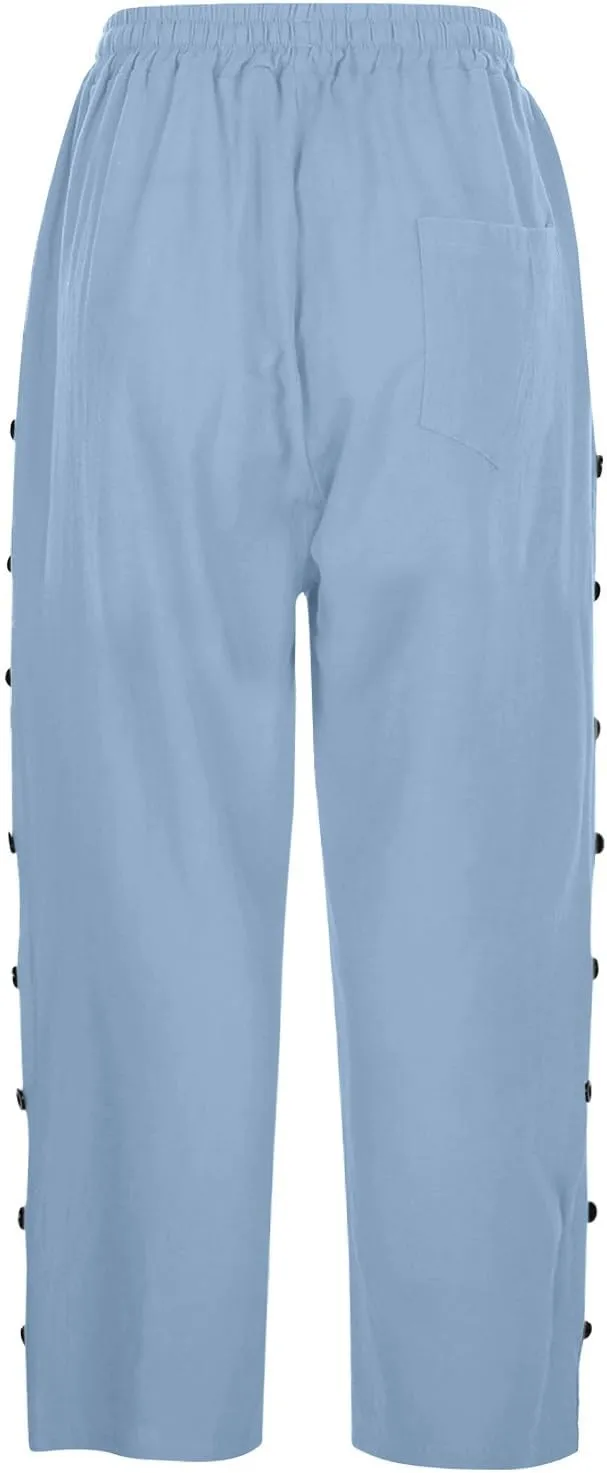 GIERIDUC Linen Pants Women Loose Capris for Women Summer Cropped Drawstring Elastic Waist Trouser Side Button Bermuda Shorts