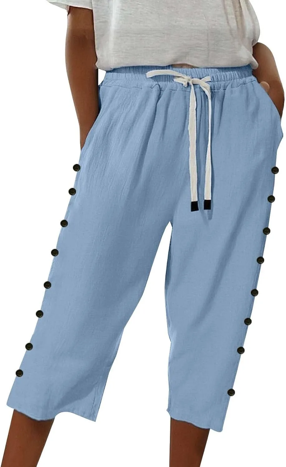 GIERIDUC Linen Pants Women Loose Capris for Women Summer Cropped Drawstring Elastic Waist Trouser Side Button Bermuda Shorts