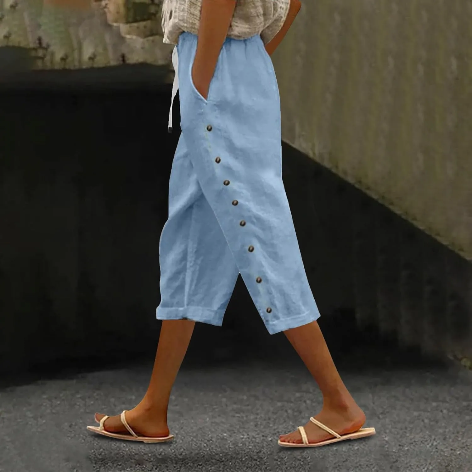 GIERIDUC Linen Pants Women Loose Capris for Women Summer Cropped Drawstring Elastic Waist Trouser Side Button Bermuda Shorts