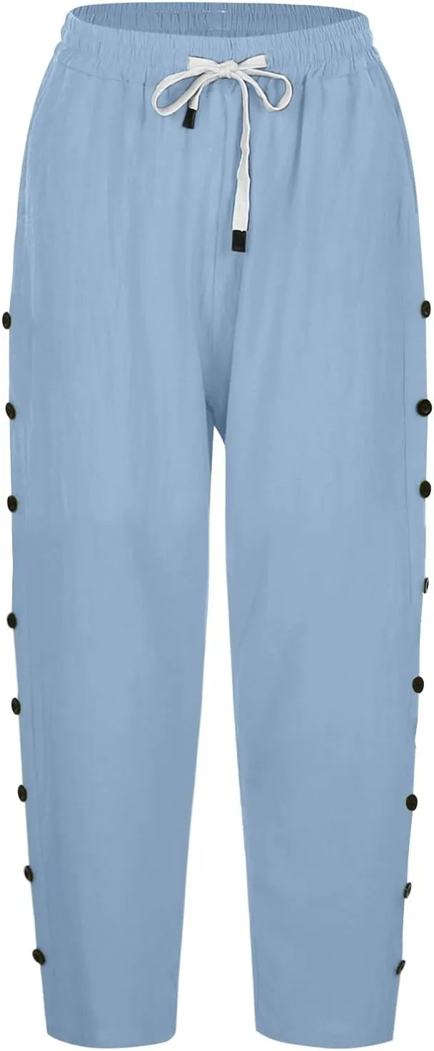 GIERIDUC Linen Pants Women Loose Capris for Women Summer Cropped Drawstring Elastic Waist Trouser Side Button Bermuda Shorts