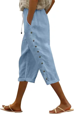 GIERIDUC Linen Pants Women Loose Capris for Women Summer Cropped Drawstring Elastic Waist Trouser Side Button Bermuda Shorts
