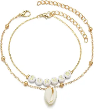 Gold Jewelry Anklets, Anklets for Women Jewelry 2Pcs Shells Charm with Summer Alloy 22 5cm