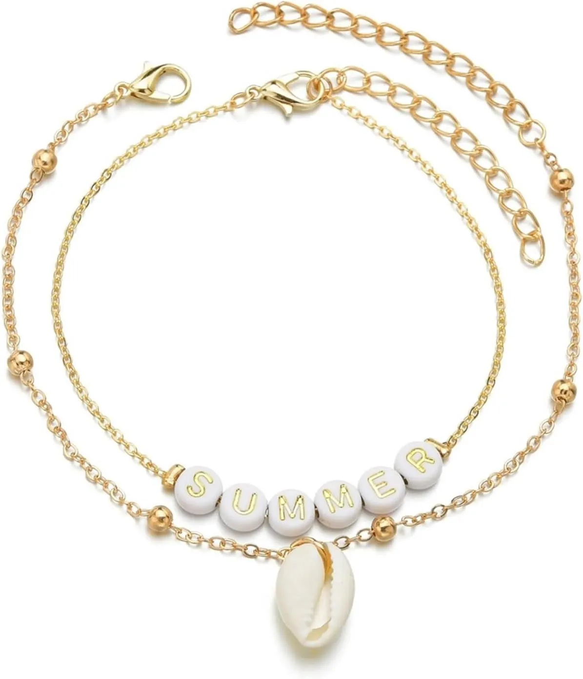 Gold Jewelry Anklets, Anklets for Women Jewelry 2Pcs Shells Charm with Summer Alloy 22 5cm