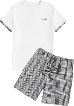 GORGLITTER Men's Plaid Print Casual Short Sleeve T Shirts and Shorts Tracksuit Set