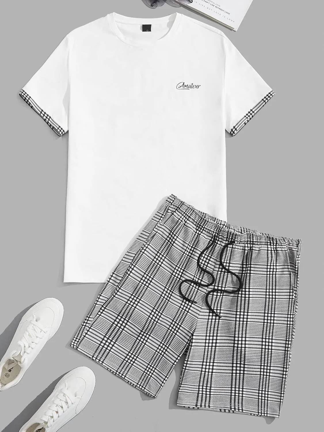 GORGLITTER Men's Plaid Print Casual Short Sleeve T Shirts and Shorts Tracksuit Set