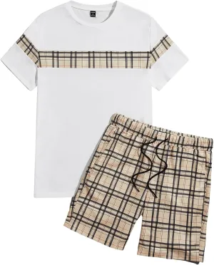 GORGLITTER Men's Plaid Print Casual Short Sleeve T Shirts and Shorts Tracksuit Set