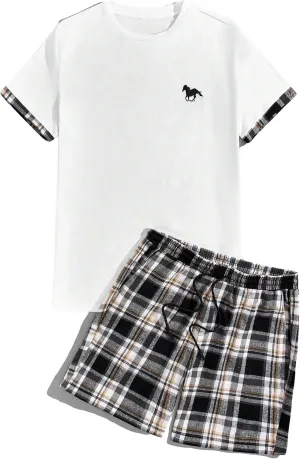 GORGLITTER Men's Plaid Print Casual Short Sleeve T Shirts and Shorts Tracksuit Set