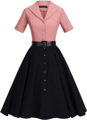 GownTown 1950 Women Dress Midi Shirt Dress Cocktail Dress with Belt