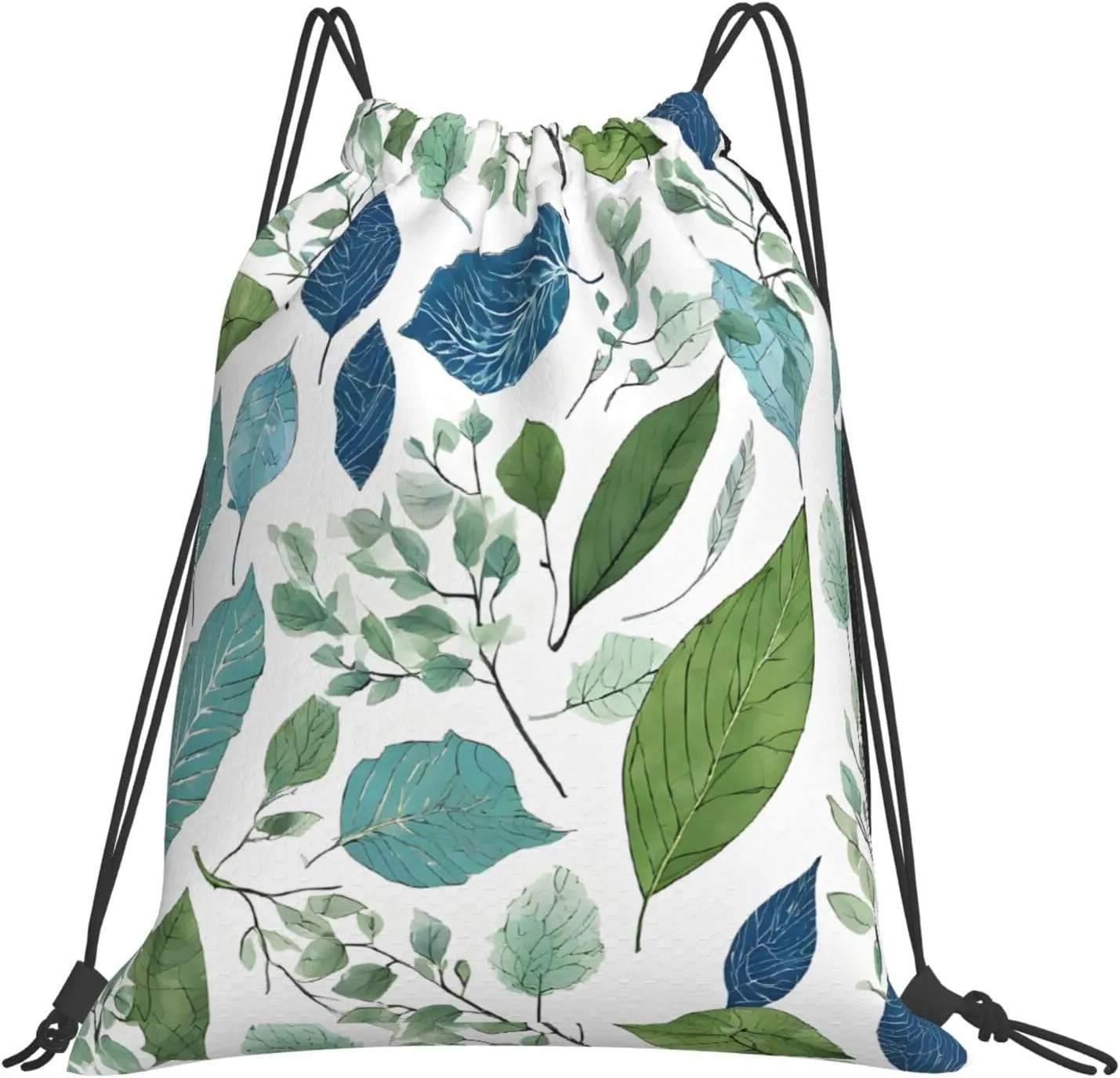 (Green Eucalyptus Leaves) Drawstring Backpack Drawstring Gym Bag Foldable Water Drawstring Bags Draw String Back Bag For Shopping Sport Yoga Travel, Swimming, Beach, White