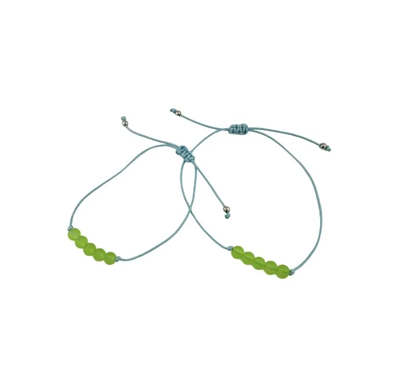 Handmade Beaded Anklets and Bracelet set waxed string and tumbled seaglass beads, Set of 2 (Turquoise and Green)